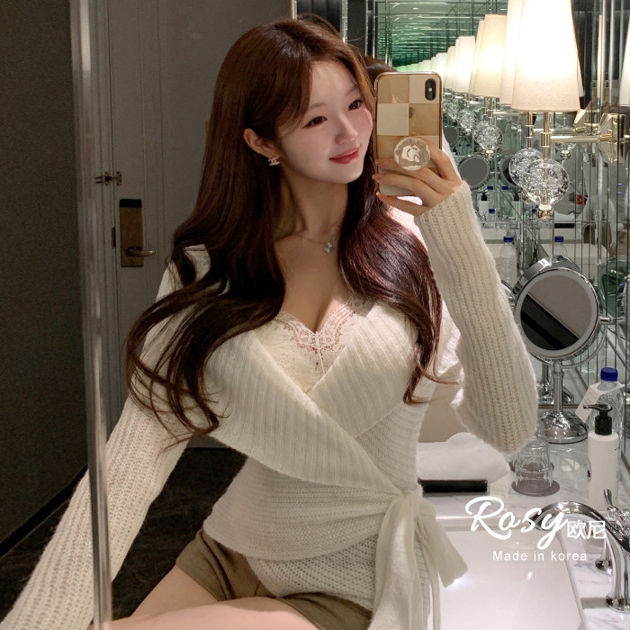 Rose欧尼 韩国代购性感慵懒风针织开衫+蕾丝内衣套装女