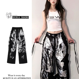 黑色扎染飘带阔腿休闲长裤子女复古亚比辣妹酷帅个性宽松直筒裤子