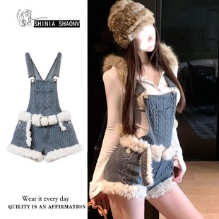 显瘦麻花针织背带裤 修身 女秋冬新款 设计感毛毛拼接辣妹背带连体裤