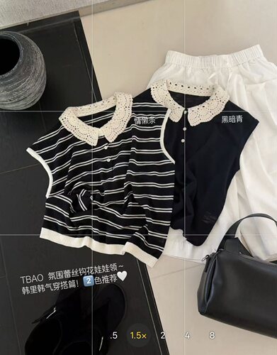 蕾丝钩花娃娃领条纹短袖针织衫女夏季新款宽松显瘦百搭上衣Z58036
