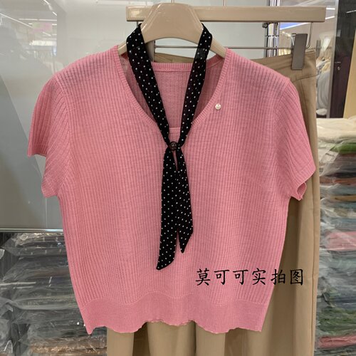 夏季波点飘带V领短袖针织衫女