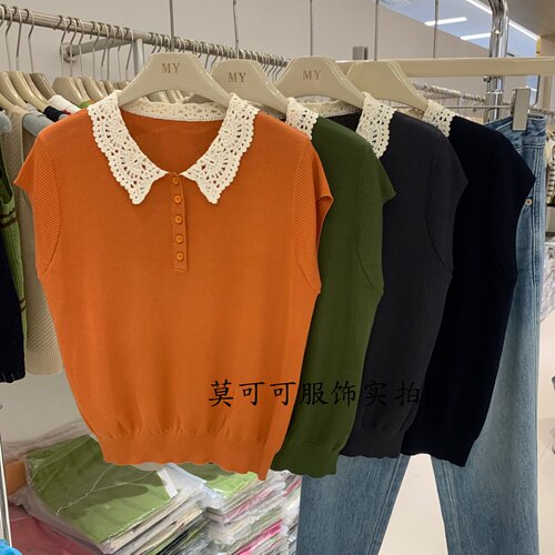 镂空钩花翻领半扣飞袖针织衫女夏季新款宽松显瘦薄款上衣Z219076