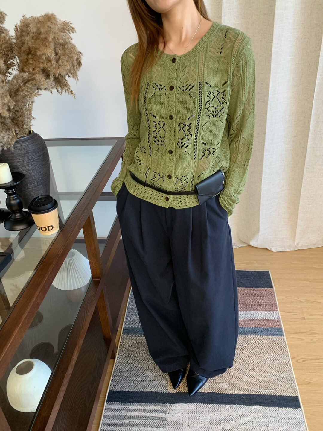 镂空提花圆领单排扣针织开衫女早秋新款显瘦洋气百搭A66335