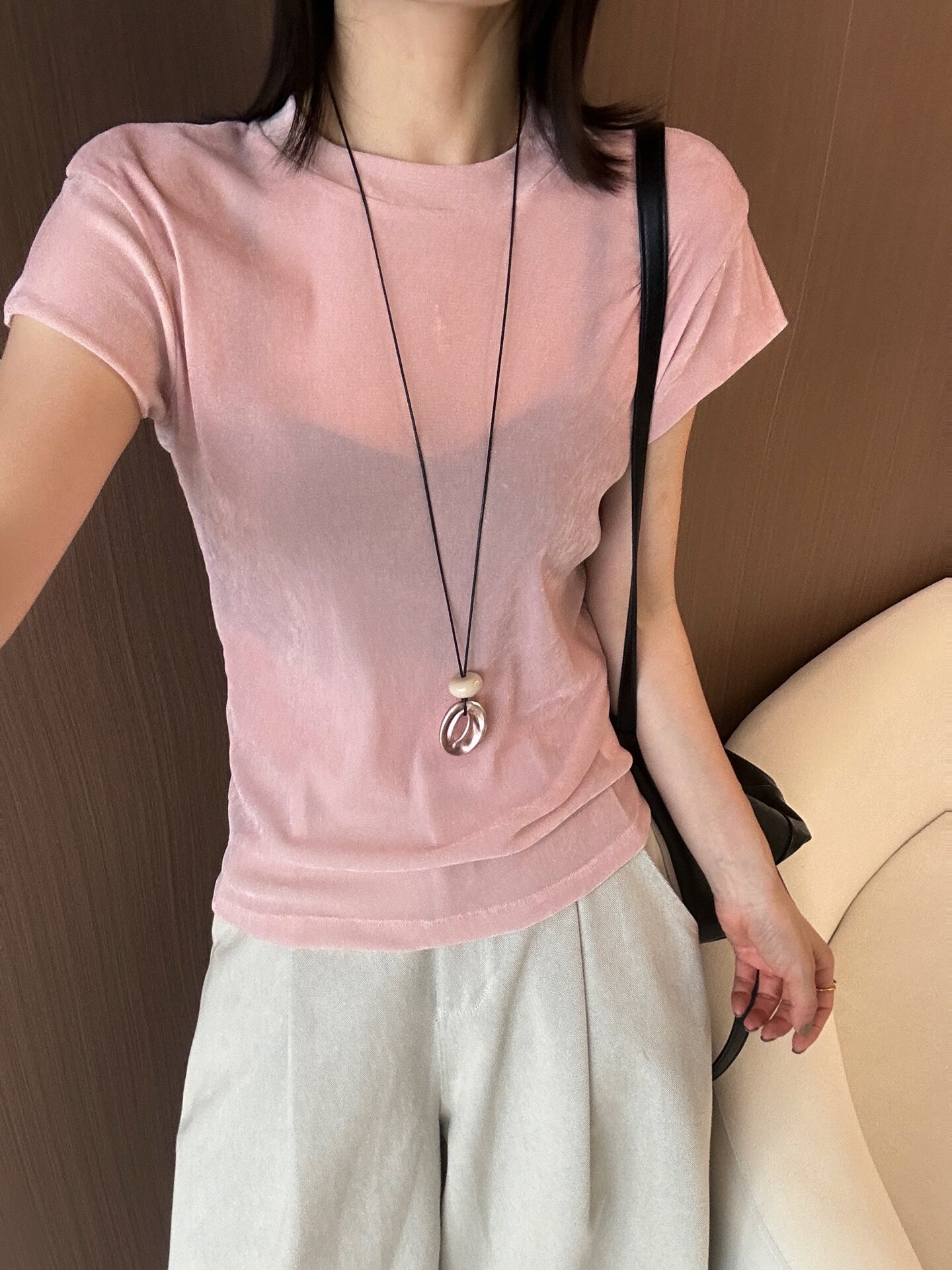 韩版丝绒圆领短袖小衫女早秋新款女人味打底衫T恤M