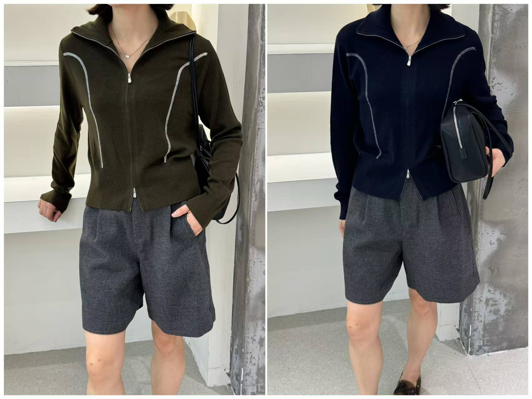 简约立领双拉链针织开衫女长秋季新款修身显瘦百搭毛衣外套57180