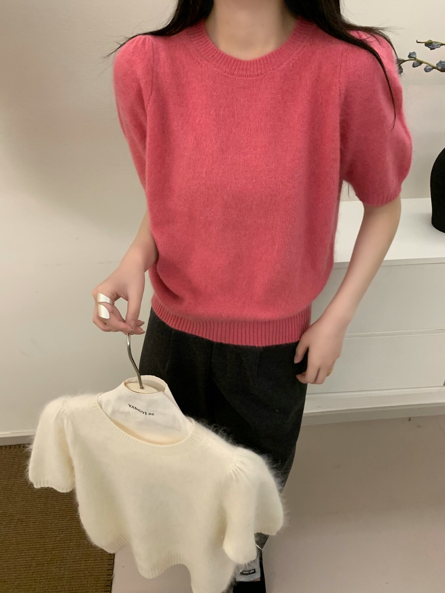 韩版圆领泡泡袖拉毛短袖针织衫女秋季新款显瘦百搭洋气毛衣z99208