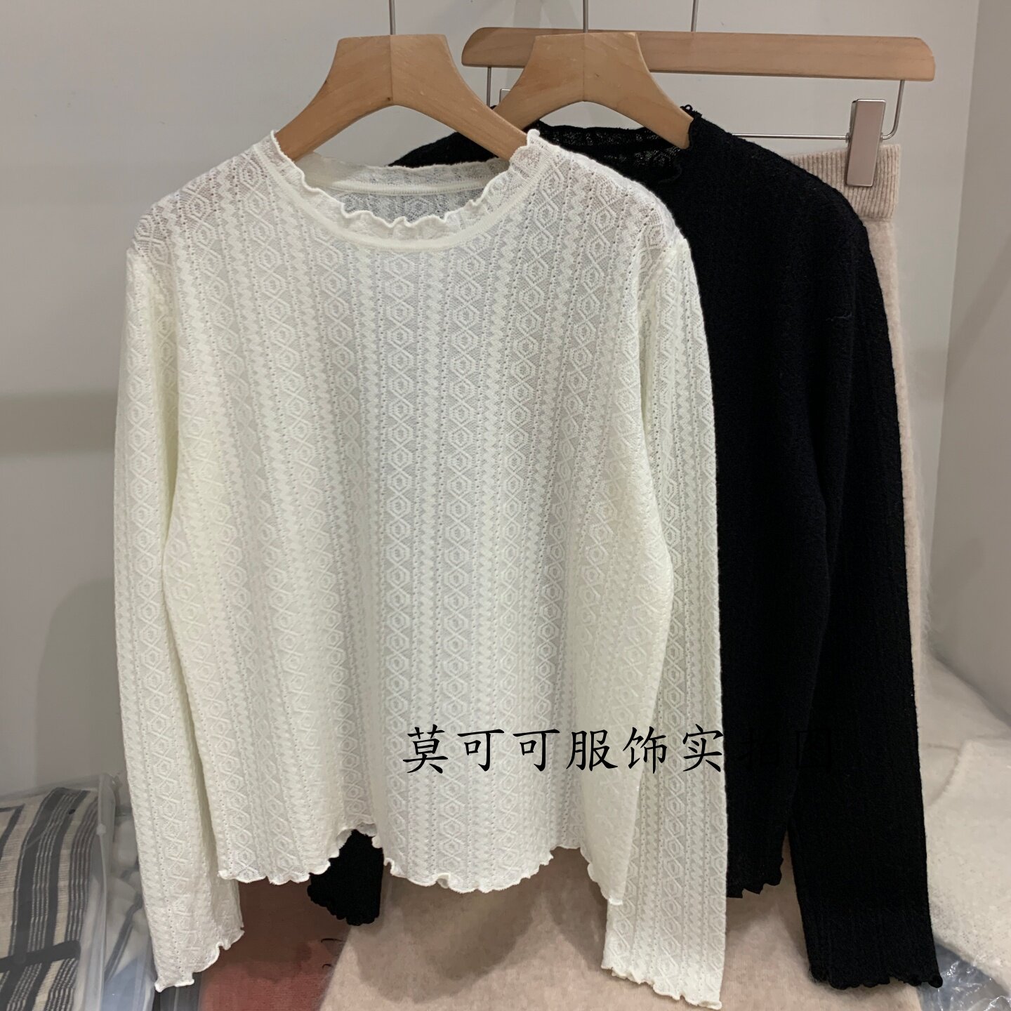 韩系甜美钩花荷叶边女针织衫