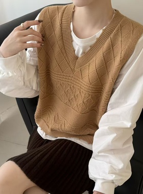 韩系新款V领镂空针织马甲背心+泡泡袖衬衫T两件套女洋气百搭79183