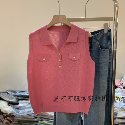 夏季POLO领无袖针织背心女显瘦