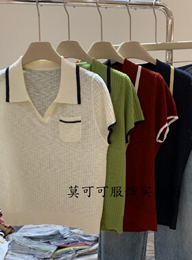 撞色边翻领单口袋飞袖针织衫女夏季新款宽松显瘦薄款上衣z76360