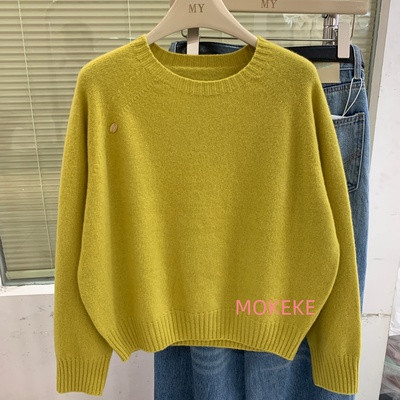 韩新款100羊毛圆领纯色针织衫