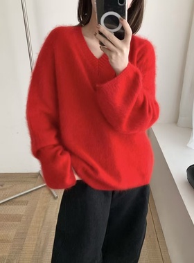 韩系新款全毛拉毛V领针织衫女简约时尚洋气温柔风气质毛衣79002M