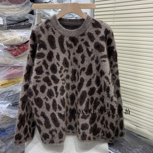 25220 宽松慵懒风圆领套头针织衫 复古豹纹提花毛衣女2025冬季 新款