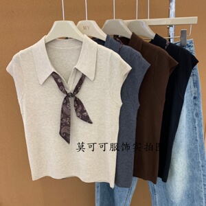 POLO领飞飞袖丝巾显瘦针织衫女
