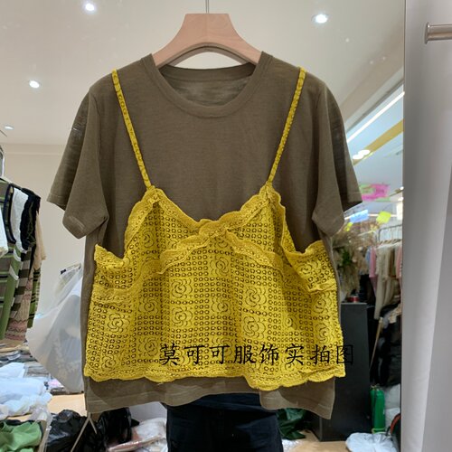 假两件蕾丝拼接短袖针织衫女