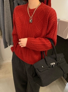 68117M羊绒混纺羊毛圆领麻花背后贴标针织衫女软糯洋气慵懒风毛衣