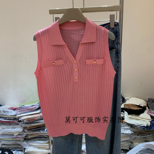 韩版翻领金扣无袖针织背心女显瘦
