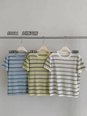 韩系复古条纹短袖针织衫女夏季新款宽松显瘦百搭上衣9831