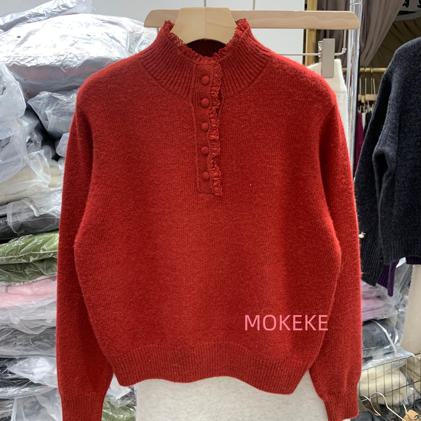 韩系新款半开包扣蕾丝边立领针织衫女软糯洋气温柔风毛衣89099