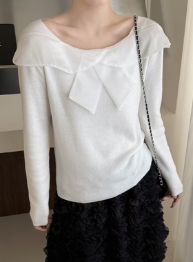 韩系早春新款设计感荷叶边翻领针织衫女软糯洋气温柔风毛衣39395