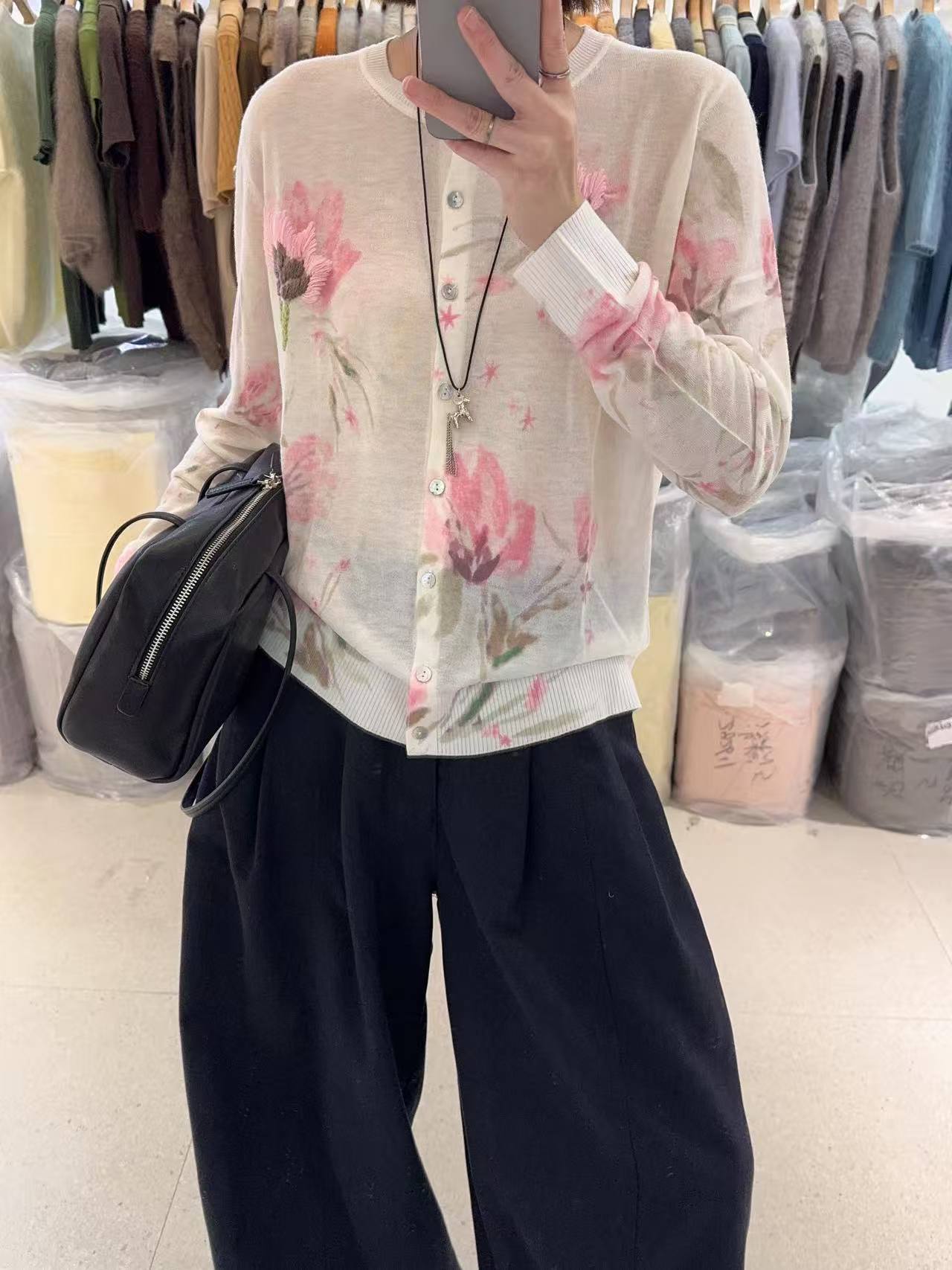 马海毛印花针织开衫女秋季薄款