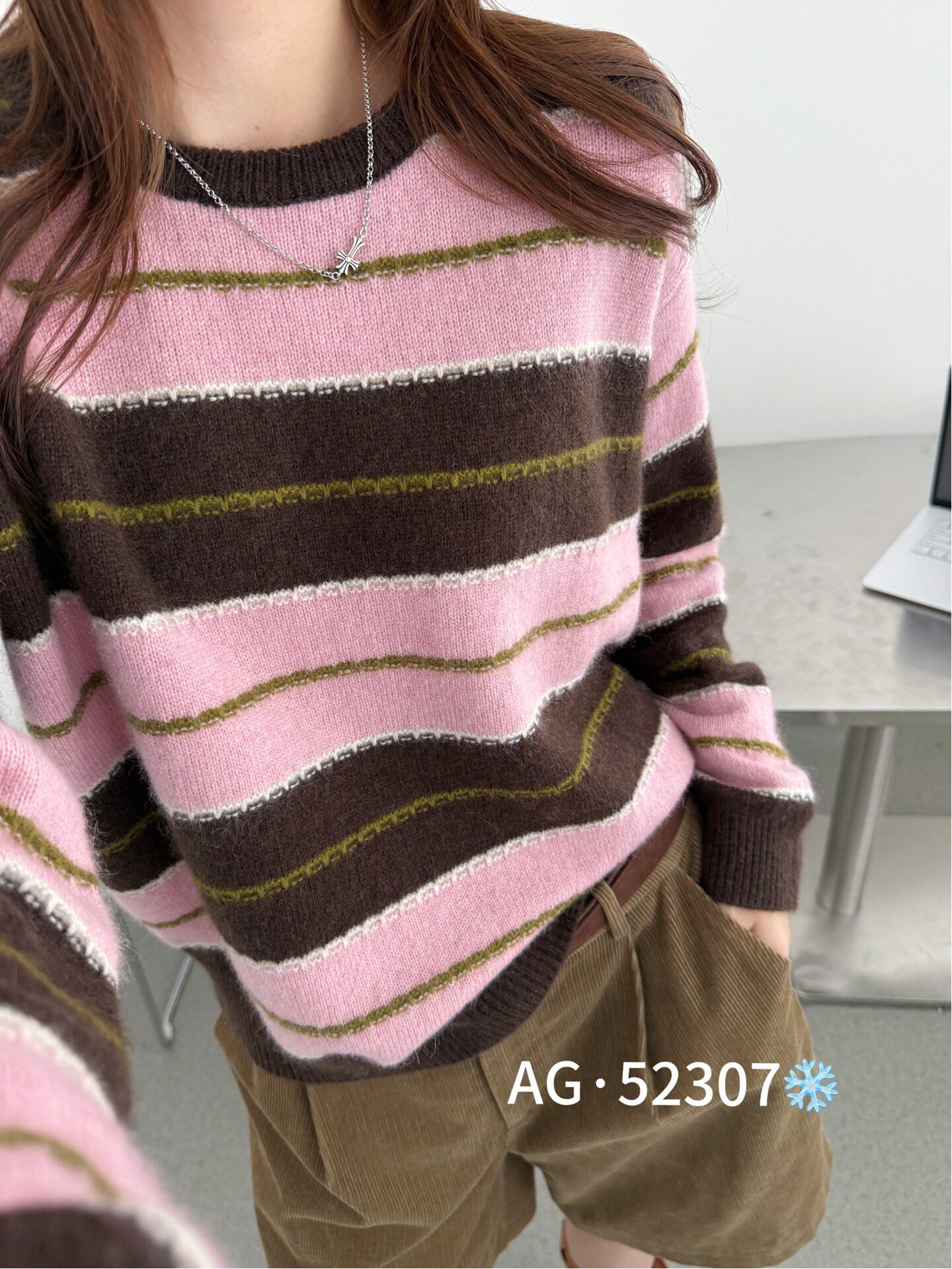 韩系慵懒风撞色条纹针织衫女圆领宽松百搭软糯套头毛衣上衣z52307
