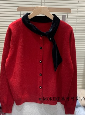 韩系新款领口丝绒拼接针织衫女软糯洋气百搭温柔风毛衣开衫65276