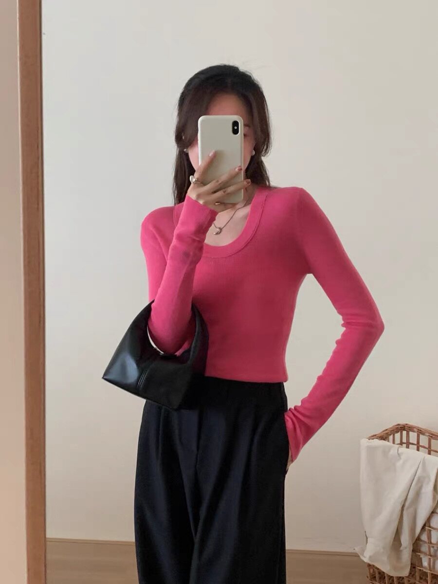 韩系简约U领长袖针织衫女宽松显瘦百搭套头基础款毛衣打底衫m8805