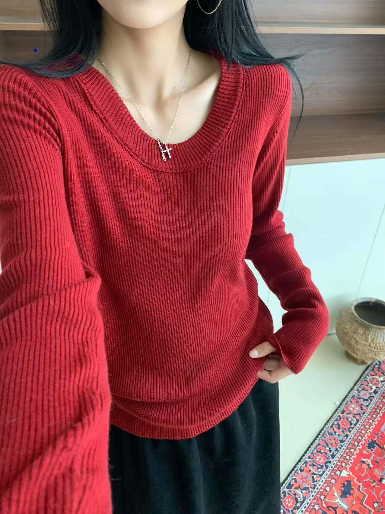 韩系简约U领坑条长袖针织衫女宽松显瘦百搭套头基础款毛衣打底衫