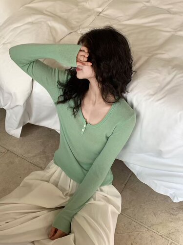 韩版圆领纽扣长袖羊毛针织衫女秋季新款显瘦百搭洋气打底衫上衣15