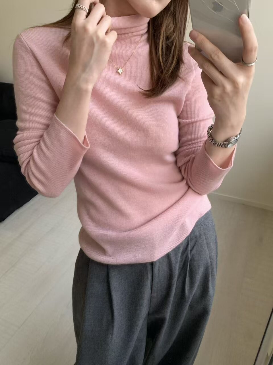 韩系简约高领纯色针织衫女长袖修身显瘦百搭打底毛衣上衣1316
