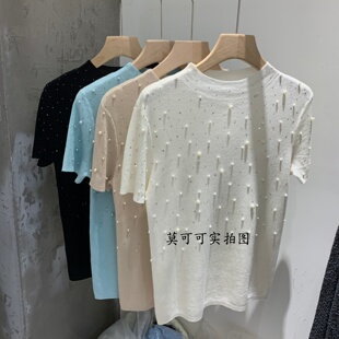 重工钉珠圆领短袖 女百搭显瘦修身 时尚 上衣T恤洋气百搭7506 针织衫