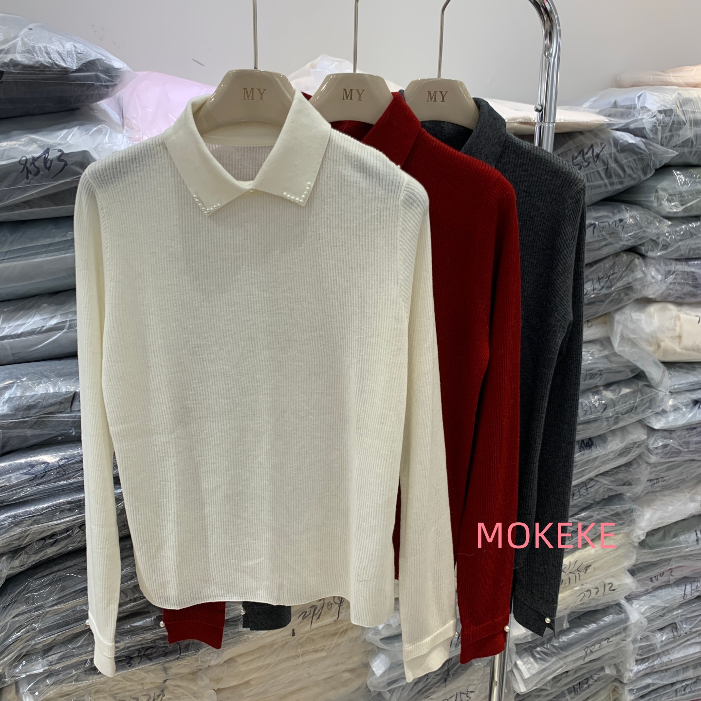 韩版小翻领钉珠长袖针织打底毛衣