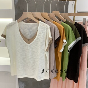 假两件V领铁片短袖针织衫女夏季宽松百搭套头薄款假两件上衣98005
