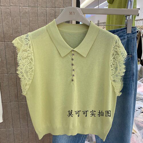 韩系翻领半扣蕾丝显瘦针织衫女
