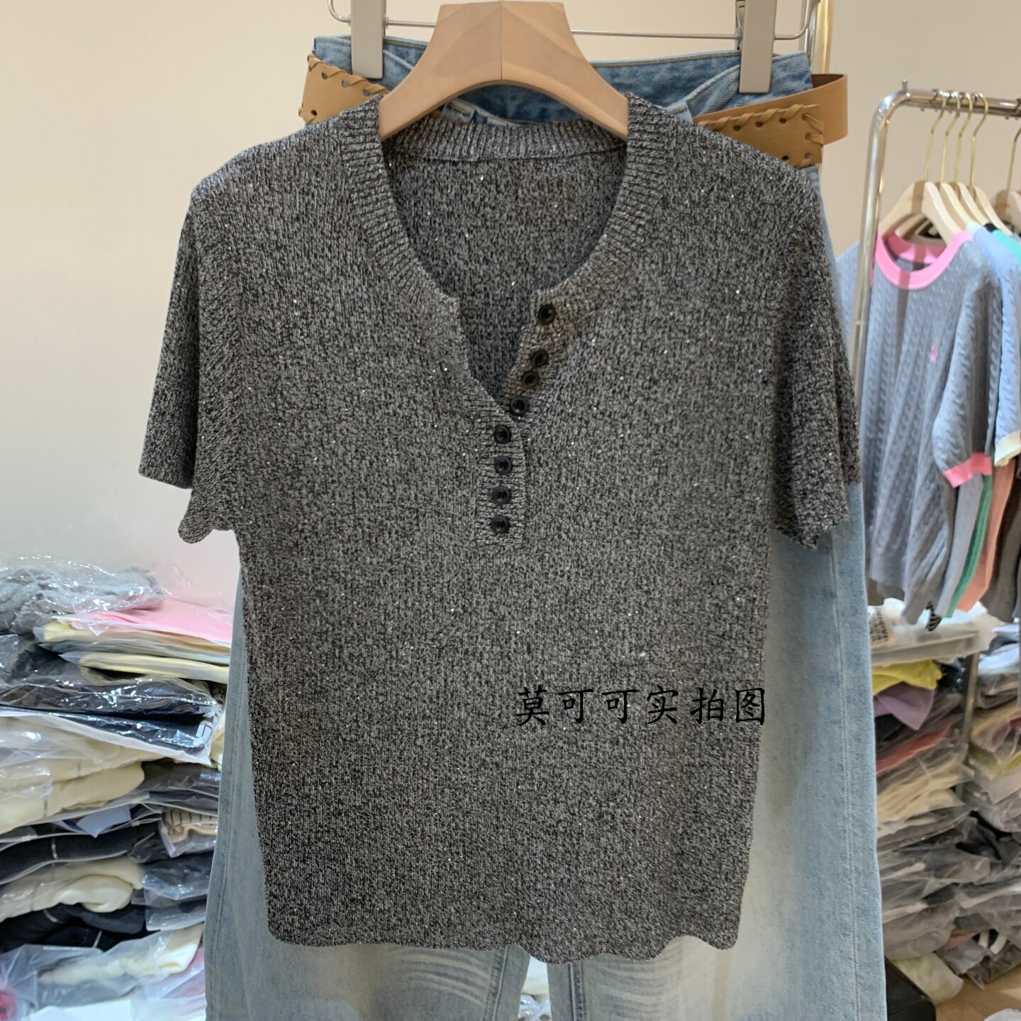 高级感半开领短袖针织衫女灰色宽松显瘦百搭上衣Z9667