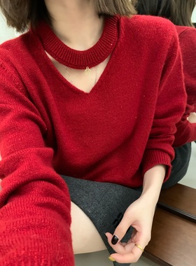 韩系新款亮丝挂脖镂空针织衫女软糯洋气百搭温柔风毛衣69373M