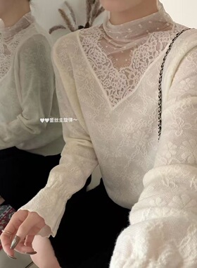 韩系新款V领蕾丝拼接针织衫女软糯洋气百搭上衣打底衫M39381