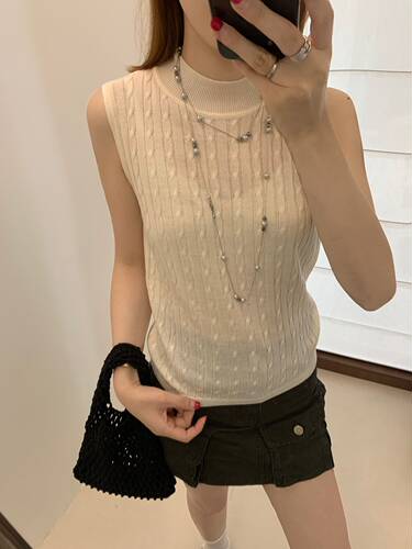 半高领麻花无袖针织背心女夏季新款宽松显瘦洋气百搭上衣z5753