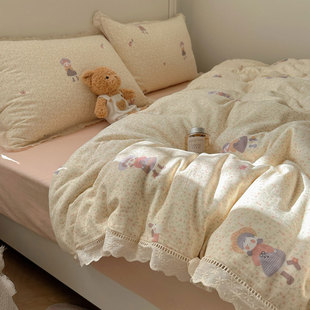 FAFA财丨春日女孩花边全棉纯棉双层纱三四件套女学生宿舍床上用品