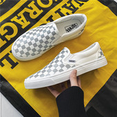 子潮鞋 春季 女 男一脚蹬懒人鞋 情侣百搭反光男鞋 新款 黑白格子帆布鞋