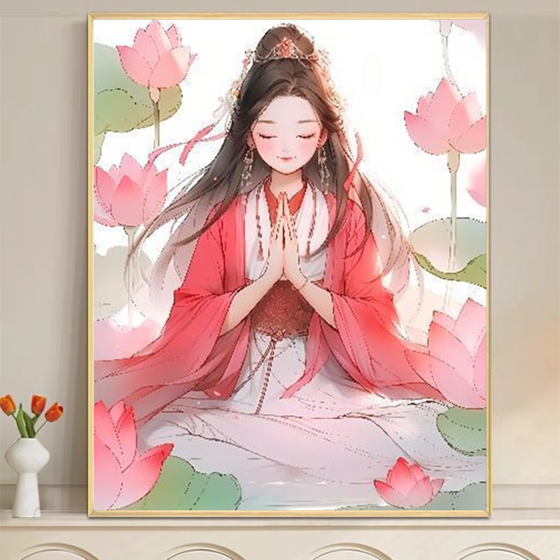 新款荷花女孩十字绣中国风古典人物客厅装饰挂画美女图简单自己绣