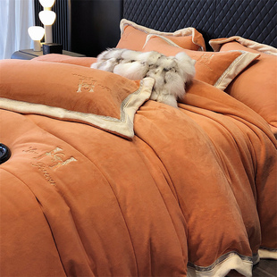 高端新款雪绒绒宽边刺绣四件套冬季加厚保暖被套床单牛奶绒