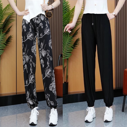 有口袋冰丝裤女束脚运动九分