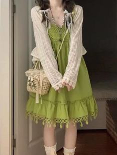 设计感多巴胺森系裙 波西米亚风绿色流苏吊带连衣裙女2024新款 夏季