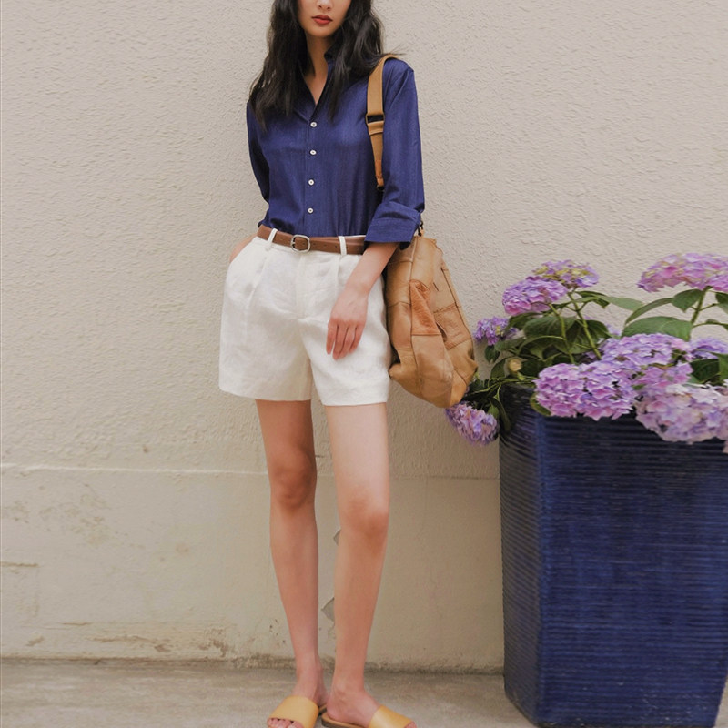 2025天丝棉牛仔藏蓝色长袖衬衣洗水亚麻短裤休闲两件套装