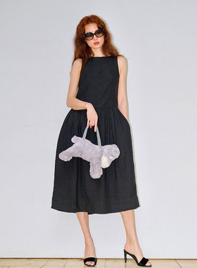 2025亚麻连衣裙白色一字领无袖背心连体裙法式连衣裙中长裙