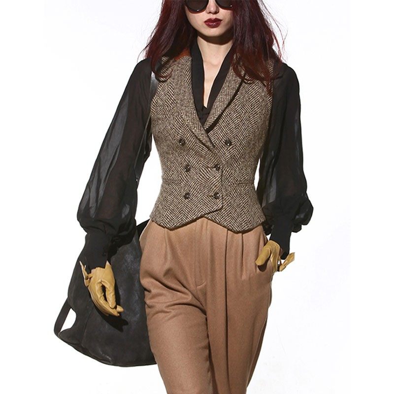 新款原创复古毛呢双排扣收腰修身显瘦拼接骑马装西装领马甲