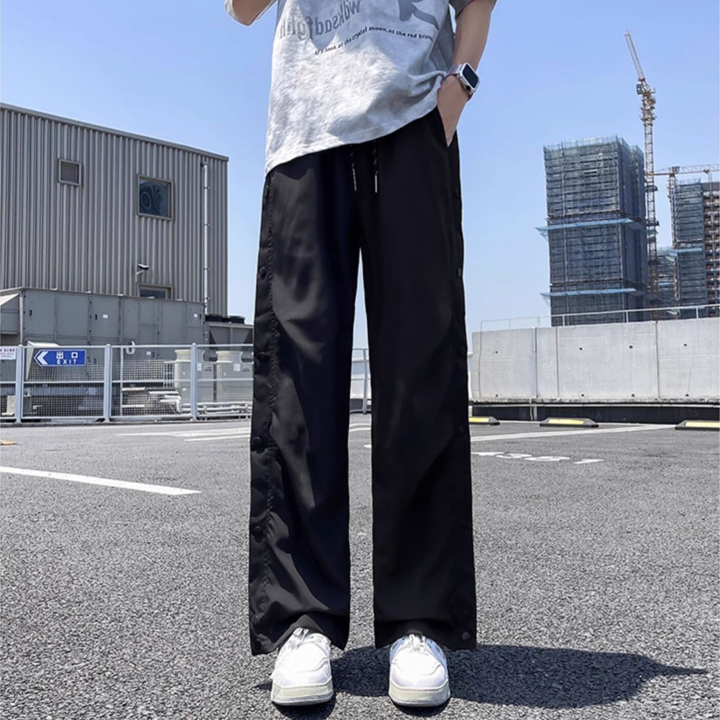潮牌运动休闲排扣裤男生夏季新款百搭宽松潮流卫裤青少年时尚潮裤