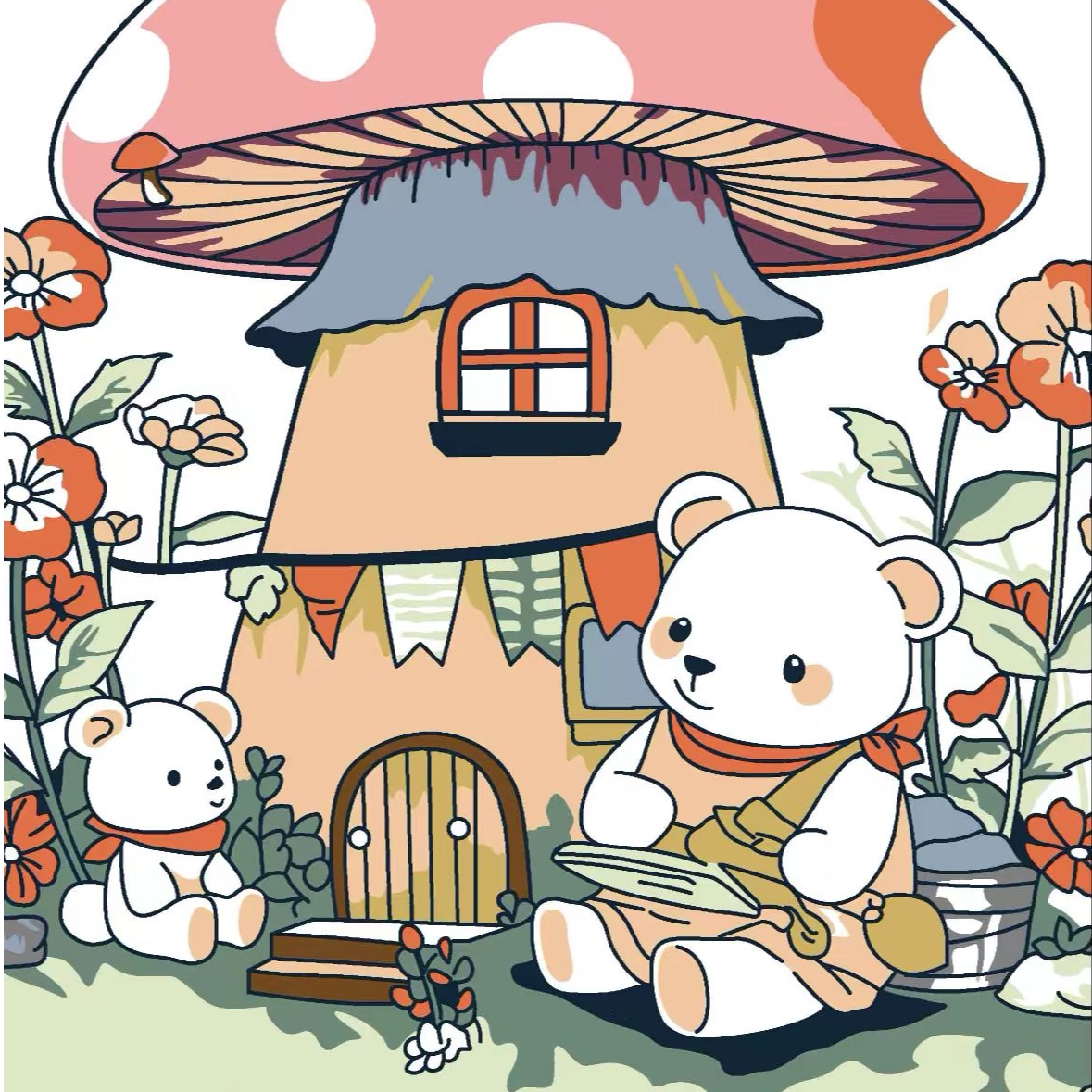 蘑菇小熊-白底纱布浴巾80*160cm